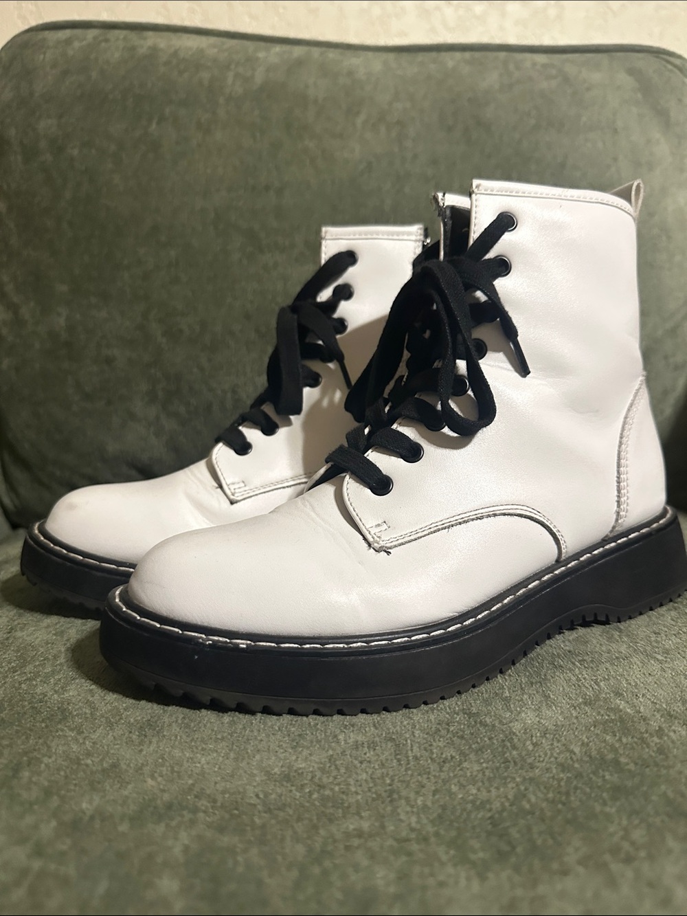 White Leather Lace-Up Combat Boots with Black Soles